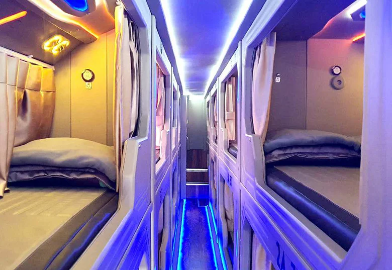 Sleeping berths inside a Giant Ibis bus in Cambodia