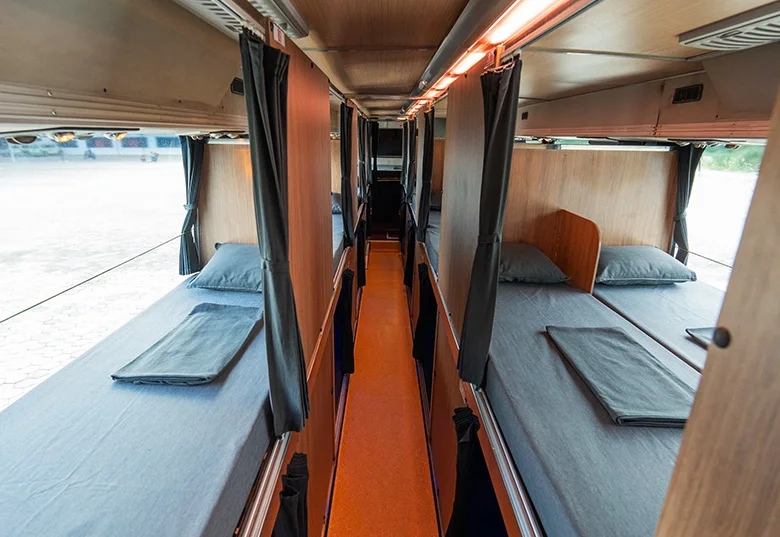 Sleeping berths inside a Vireak Buntham bus