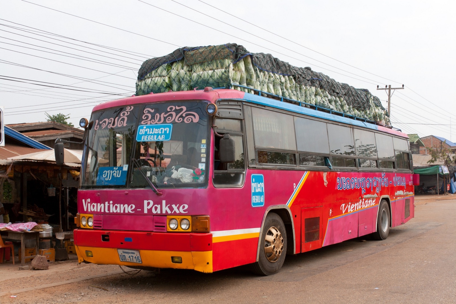 Long-distance bus in Laos near the Pakse–Vientiane route