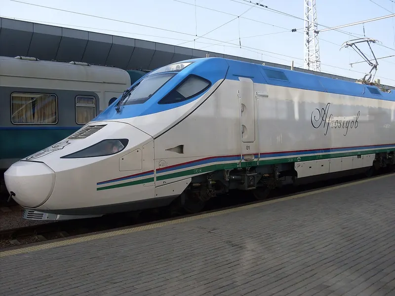 Afrosiyob high-speed train at a station in Uzbekistan