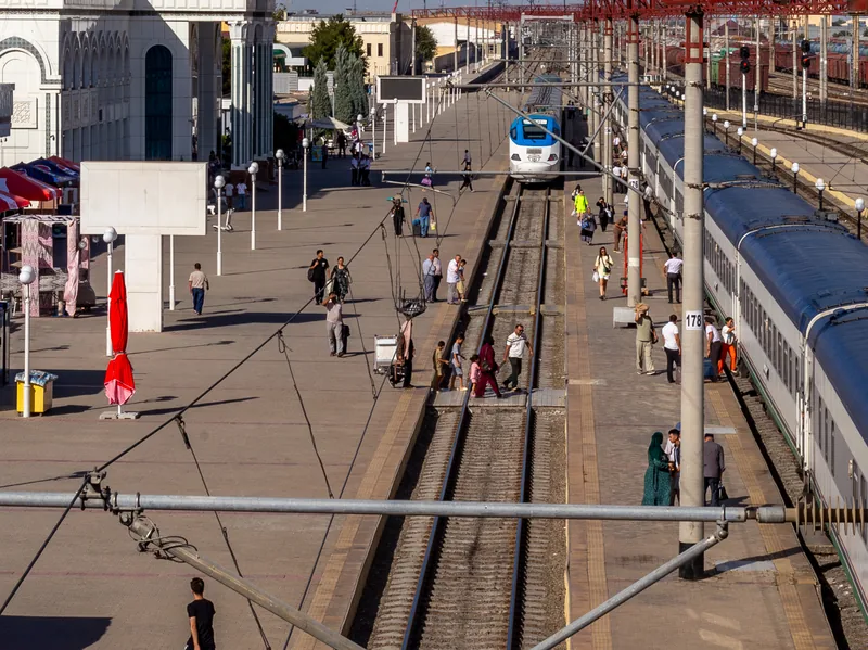 Afrosiyob train arriving at Bukhara Kogon station